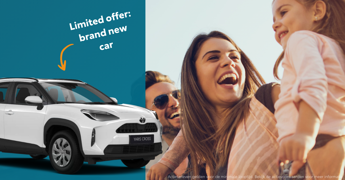 promotional image with text now a completely new car. a white yaris cross and family in background smiling